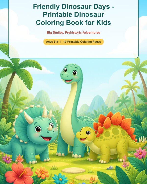Friendly Dinosaur Days printable dinosaur coloring book cover