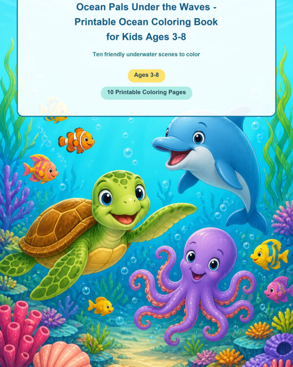Ocean Pals Under the Waves printable ocean coloring book cover