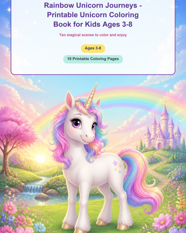 Rainbow Unicorn Journeys printable unicorn coloring book cover