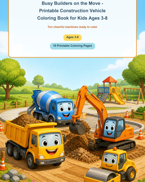 Busy Builders on the Move printable construction vehicle coloring book cover
