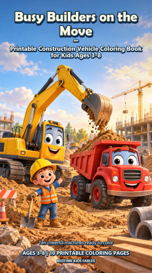 Busy Builders on the Move - Printable Construction Vehicle Coloring Book for Kids Ages 3-8 cover