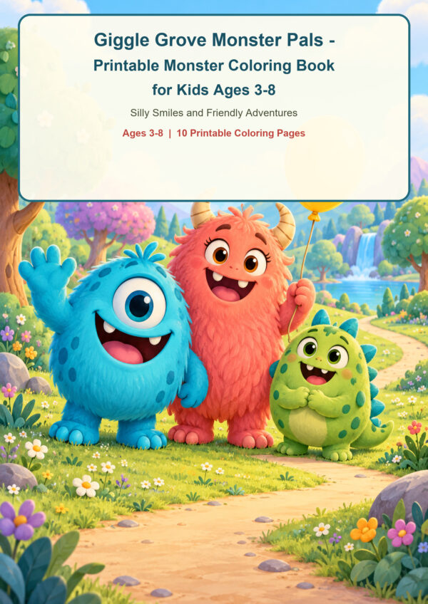 Friendly monster pals in Giggle Grove coloring book cover