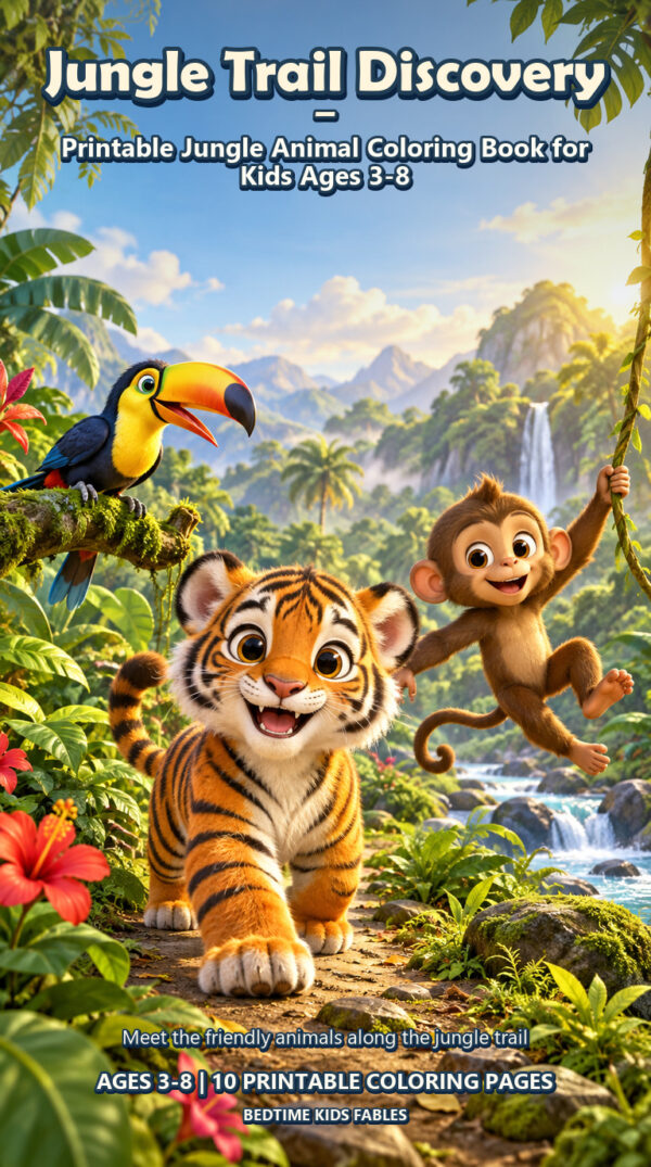 Jungle Trail Discovery - Printable Jungle Animal Coloring Book for Kids Ages 3-8 cover