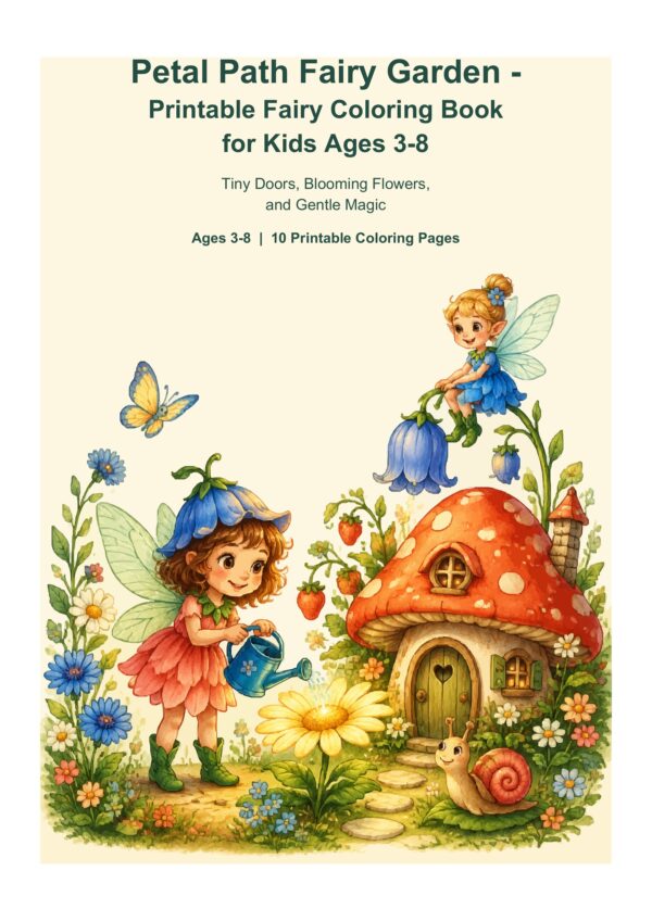 Petal Path Fairy Garden cover with flower fairies and a mushroom cottage