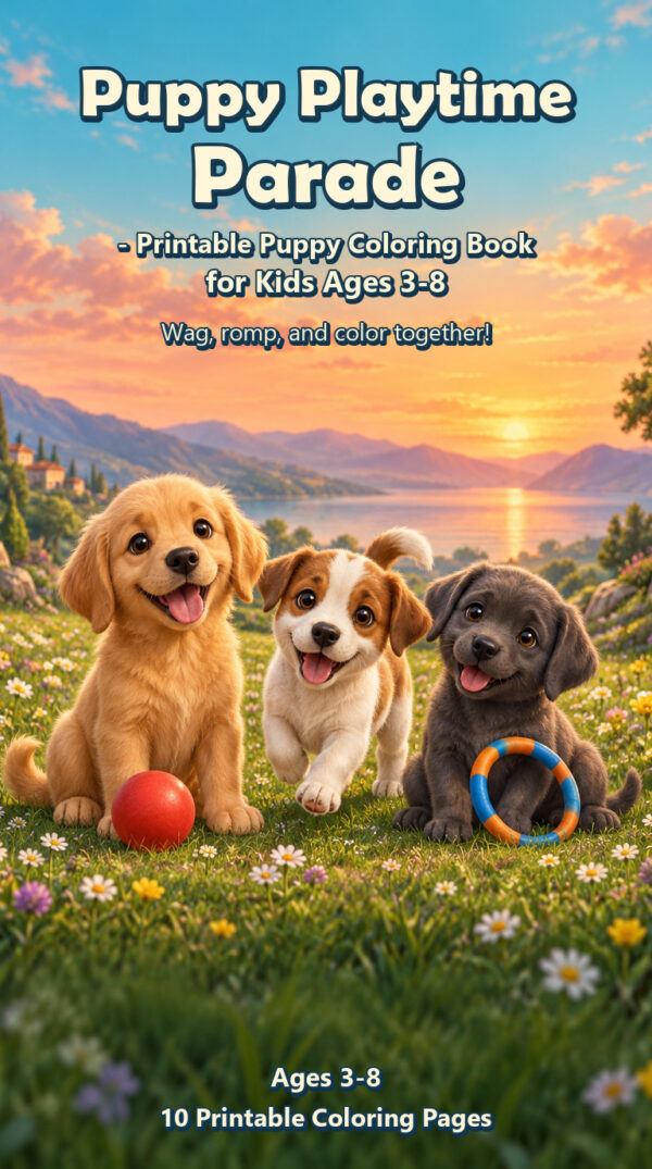 Puppy Playtime Parade - Printable Puppy Coloring Book for Kids Ages 3-8 - Printable PDF Cover