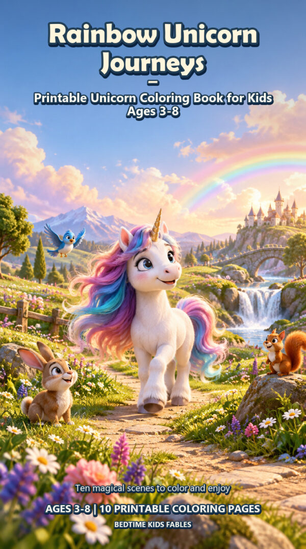 Rainbow Unicorn Journeys - Printable Unicorn Coloring Book for Kids Ages 3-8 cover