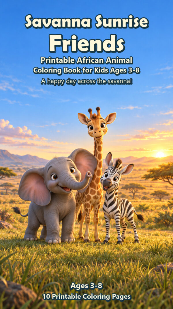 Savanna Sunrise Friends printable African animal coloring book cover