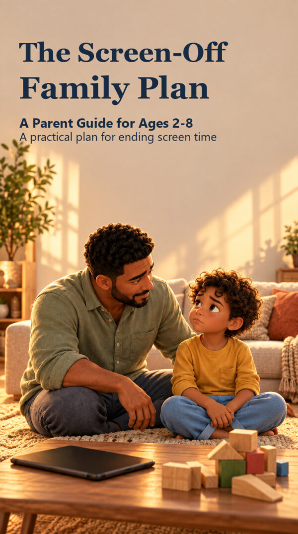 A supportive father listens beside a disappointed preschooler after a screen session, with an inactive tablet and blocks nearby. The Screen-Off Family Plan, ages 2-8.