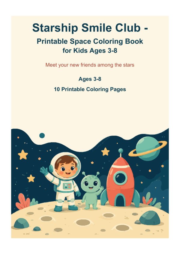 Starship Smile Club cover with a smiling astronaut, friendly alien, rocket, and ringed planet