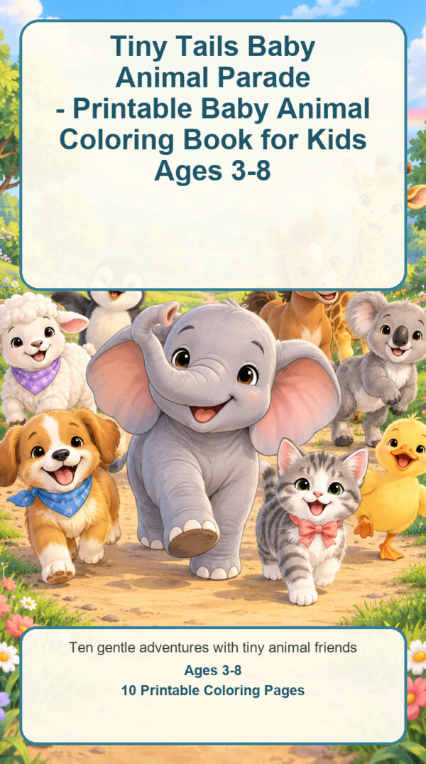 Tiny Tails Baby Animal Parade - Printable Baby Animal Coloring Book for Kids Ages 3-8