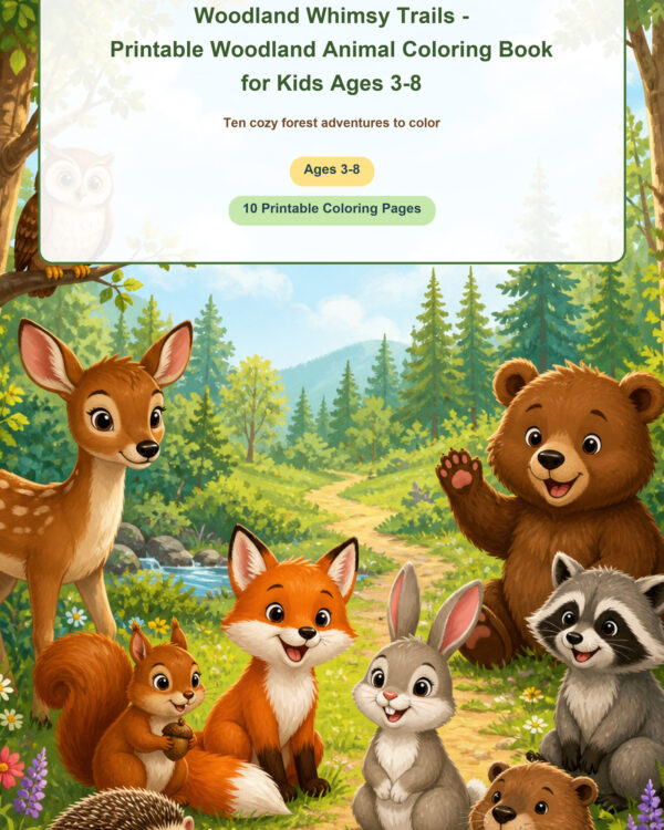 Woodland Whimsy Trails printable woodland animal coloring book cover