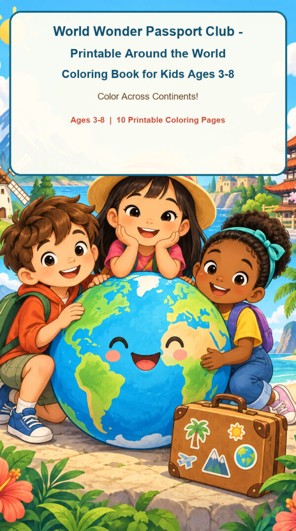 World Wonder Passport Club printable around the world coloring book cover