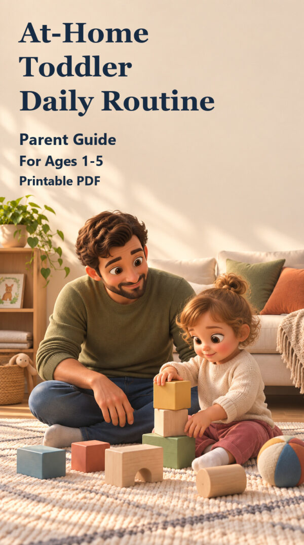 At-Home Toddler Daily Routine parent guide cover, ages 1-5; father and child playing with large blocks