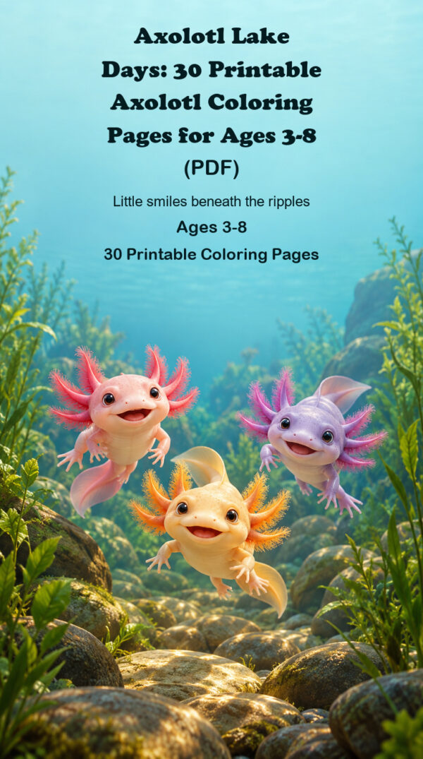 Axolotl Lake Days printable coloring book cover with smiling axolotls in a freshwater lake, for ages 3-8