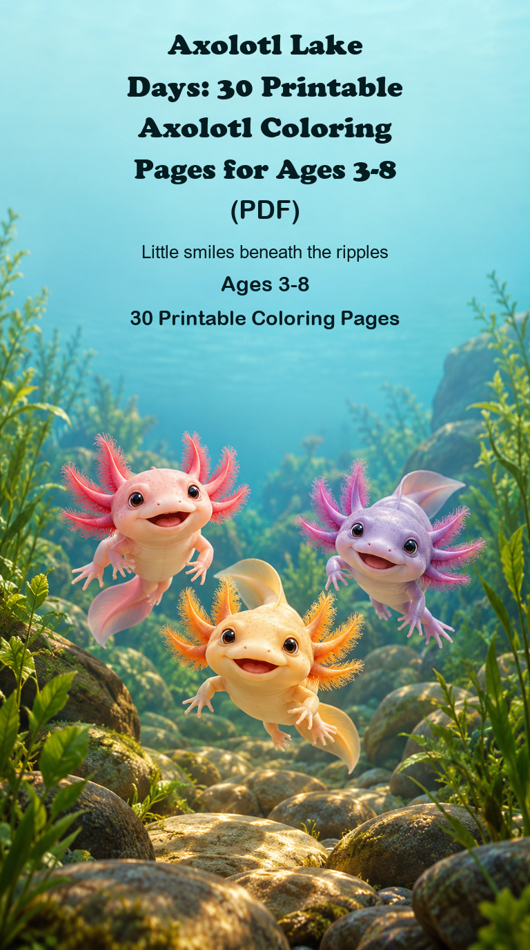 Axolotl Lake Days printable coloring book cover with smiling axolotls in a freshwater lake, for ages 3-8