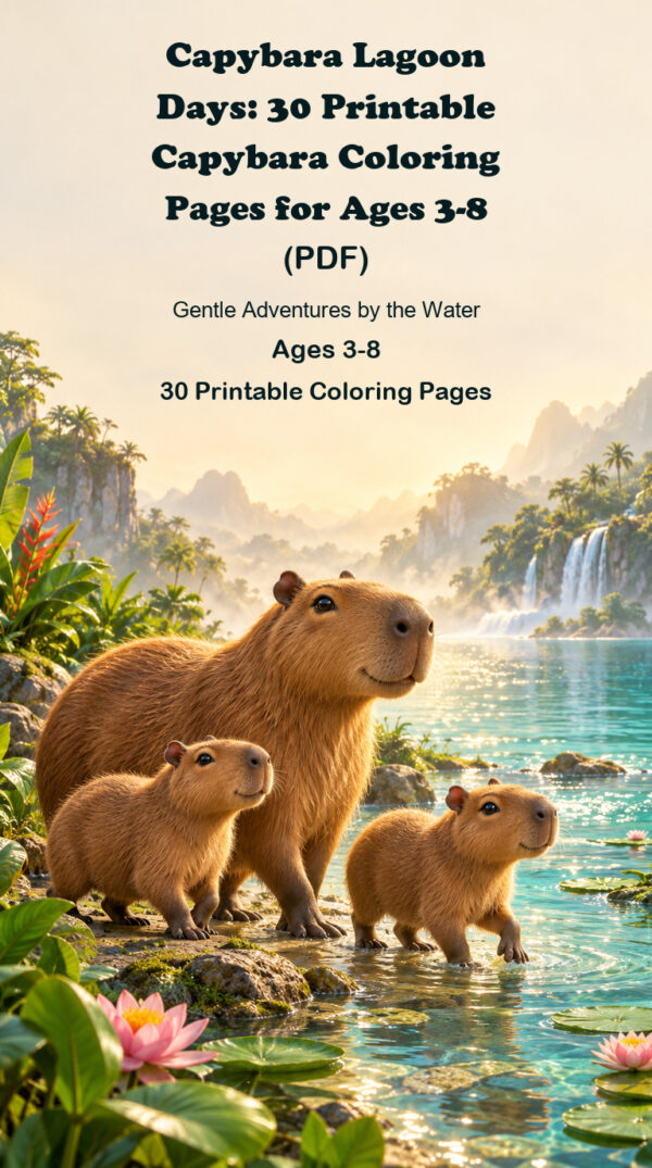Capybara Lagoon Days coloring book cover with a friendly capybara family, 30 printable pages for ages 3-8