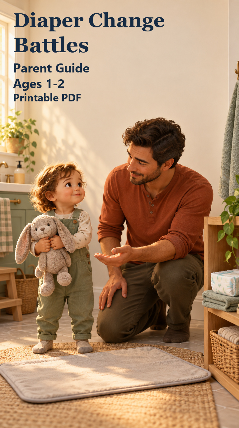 A father and fully clothed toddler prepare for diaper care beside a floor mat; Diaper Change Battles parent guide for ages 1-2.