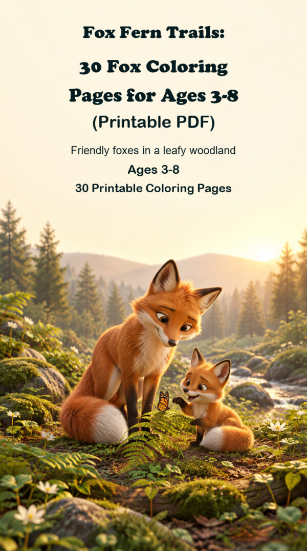 A friendly orange fox and cub discover a butterfly among ferns on the Fox Fern Trails printable coloring book cover for ages 3-8.