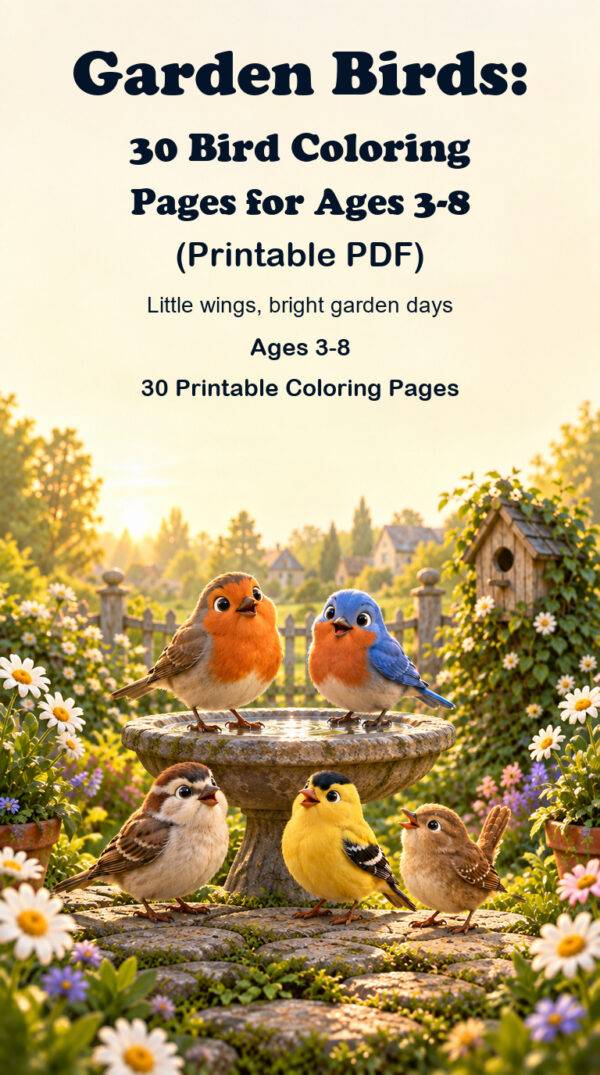 Garden Birds printable bird coloring pages for ages 3-8, with friendly birds at a garden birdbath