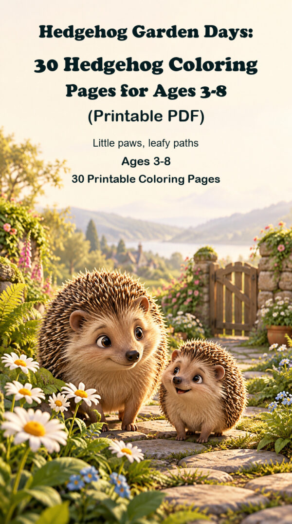 Hedgehog Garden Days printable hedgehog coloring pages for ages 3-8, with friendly hedgehogs and garden flowers