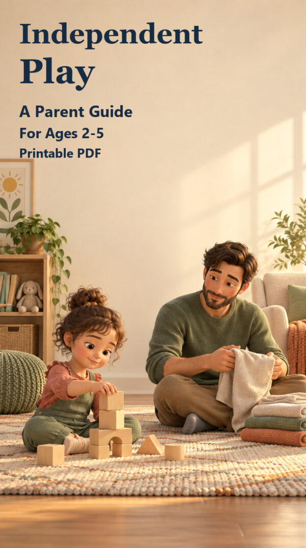 A child builds with large blocks while a father folds a towel nearby, on the Independent Play parent guide cover for ages 2-5.