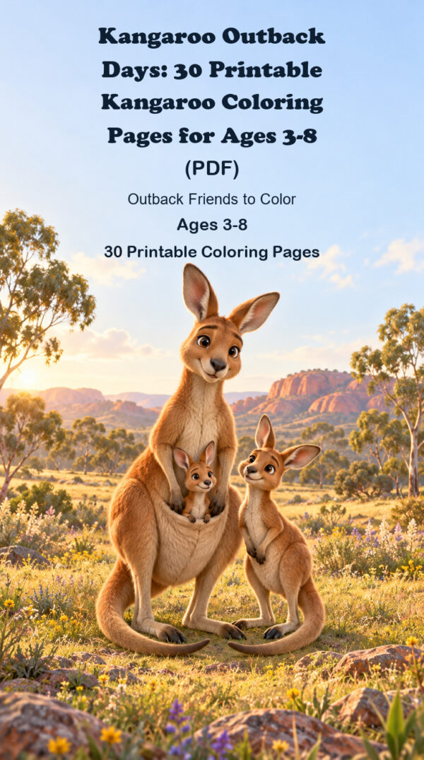 Kangaroo Outback Days coloring book cover with a mother kangaroo, pouch joey and young kangaroo for ages 3-8