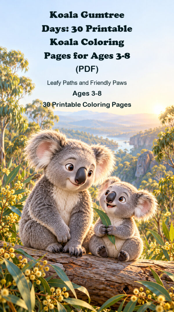 Koala Gumtree Days coloring book cover with two friendly koalas and eucalyptus leaves