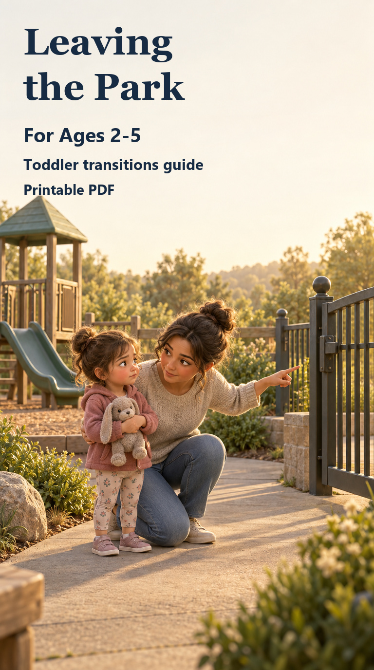 Leaving the Park parent guide for ages 2-5, showing a caregiver supporting a child at an enclosed playground exit.