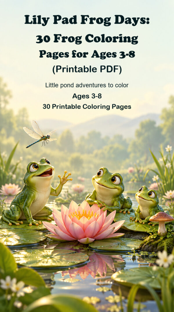 Lily Pad Frog Days printable frog coloring pages for ages 3-8, with friendly frogs and water lilies