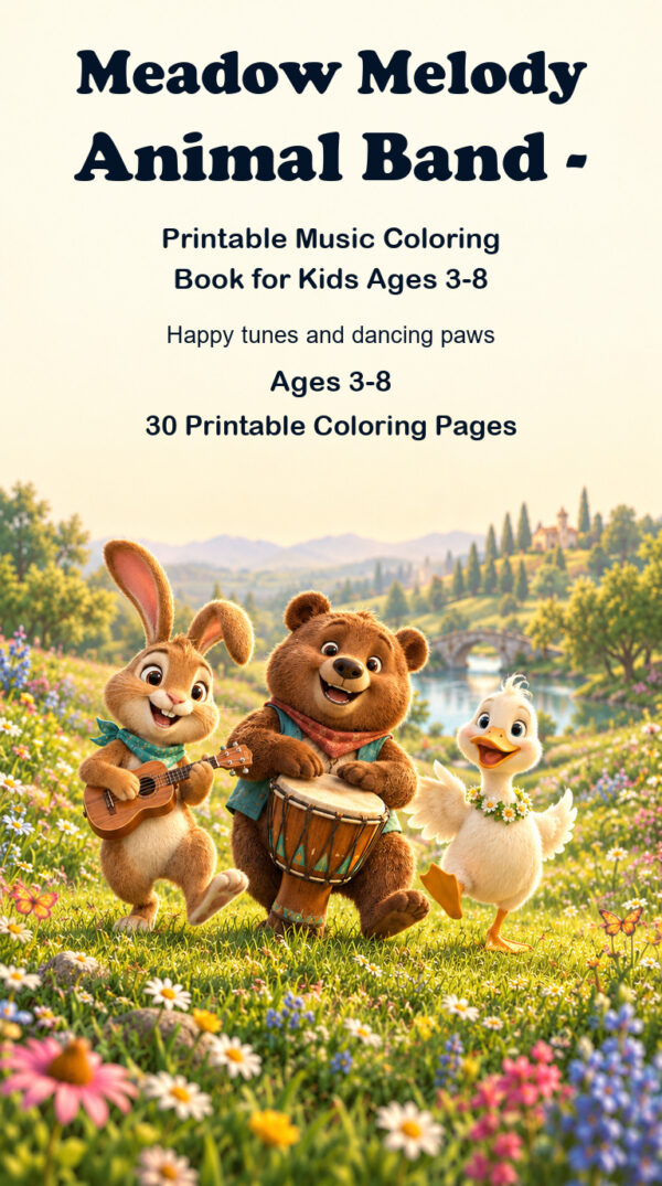 Meadow Melody Animal Band printable music coloring book for kids ages 3-8