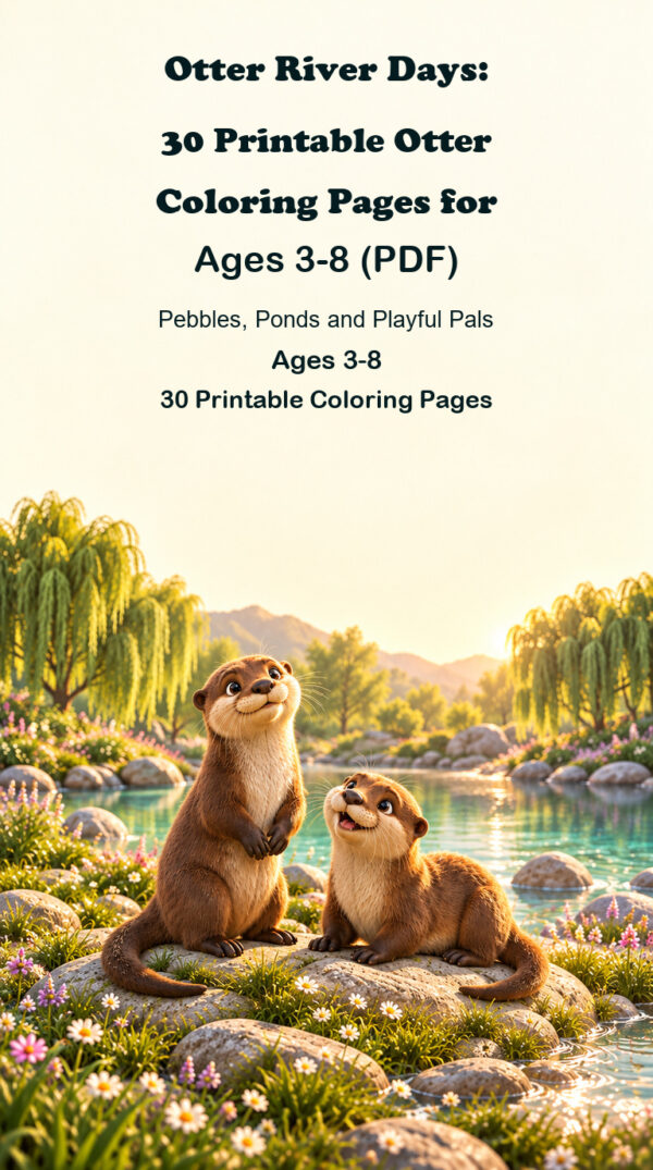Otter River Days printable coloring book cover with friendly river otters, 30 coloring pages for ages 3-8
