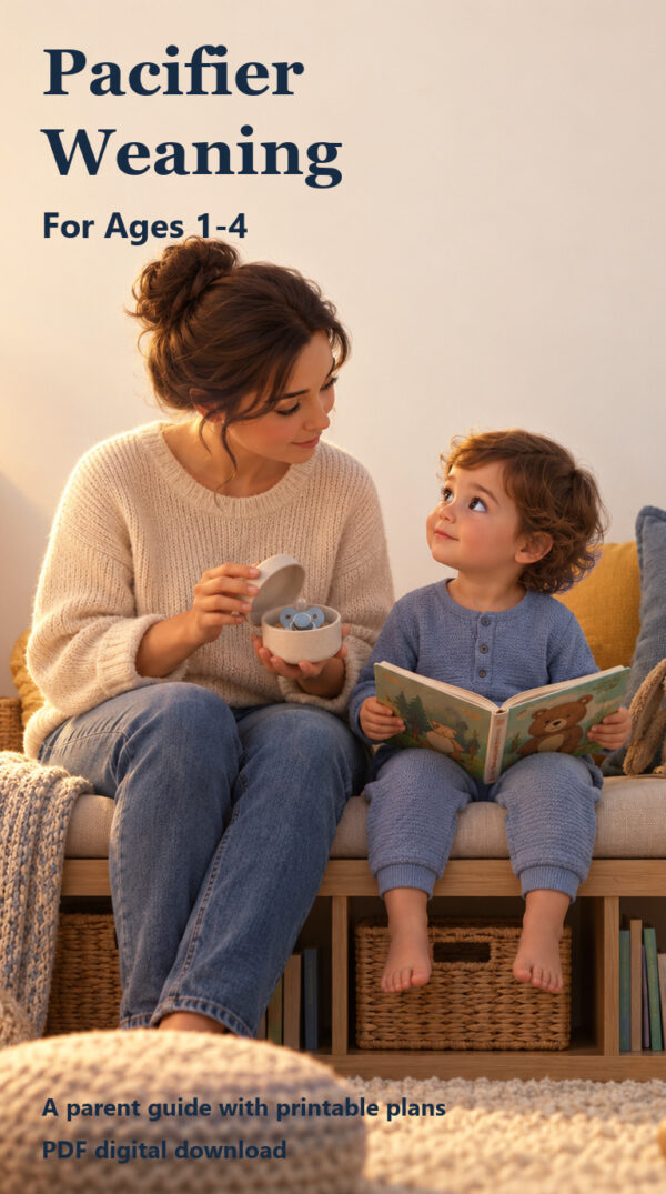 Pacifier Weaning parent guide for ages 1-4, with a supportive caregiver and child putting away an intact pacifier.