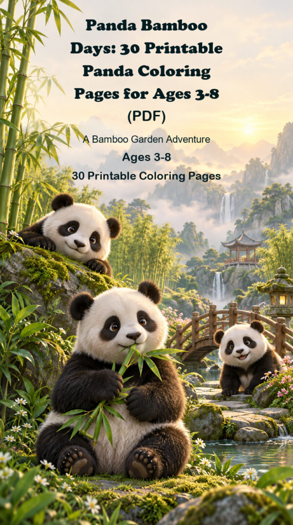 Three friendly pandas exploring a sunlit bamboo garden on the Panda Bamboo Days coloring book cover