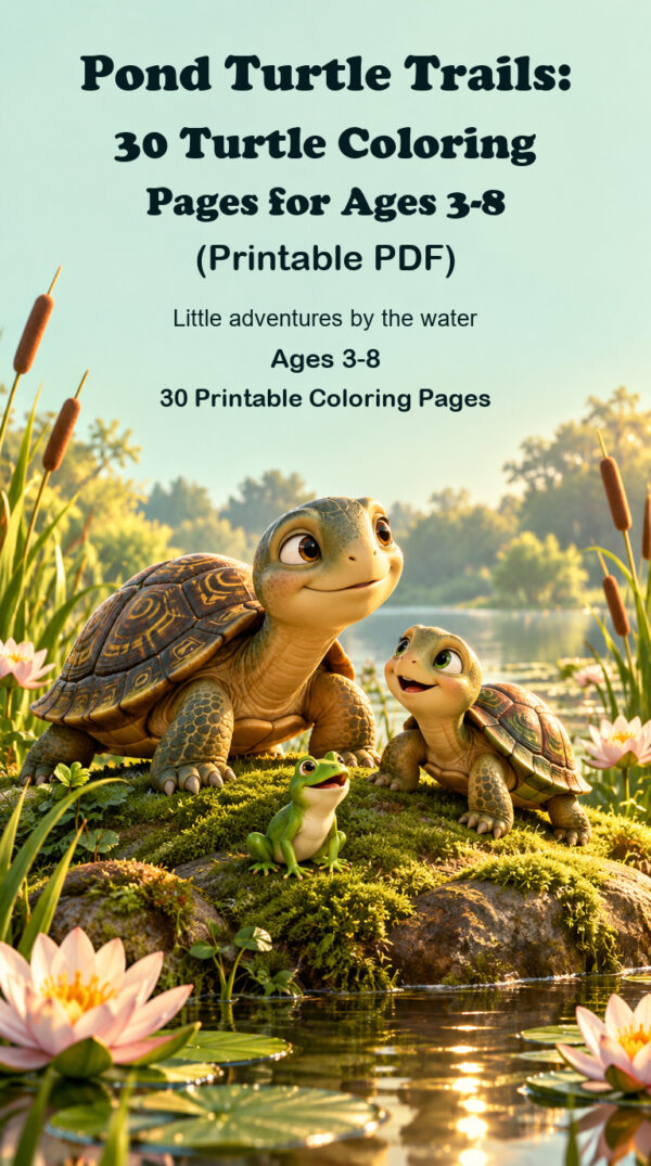 Pond Turtle Trails printable turtle coloring pages for ages 3-8, with turtles and a frog beside a pond