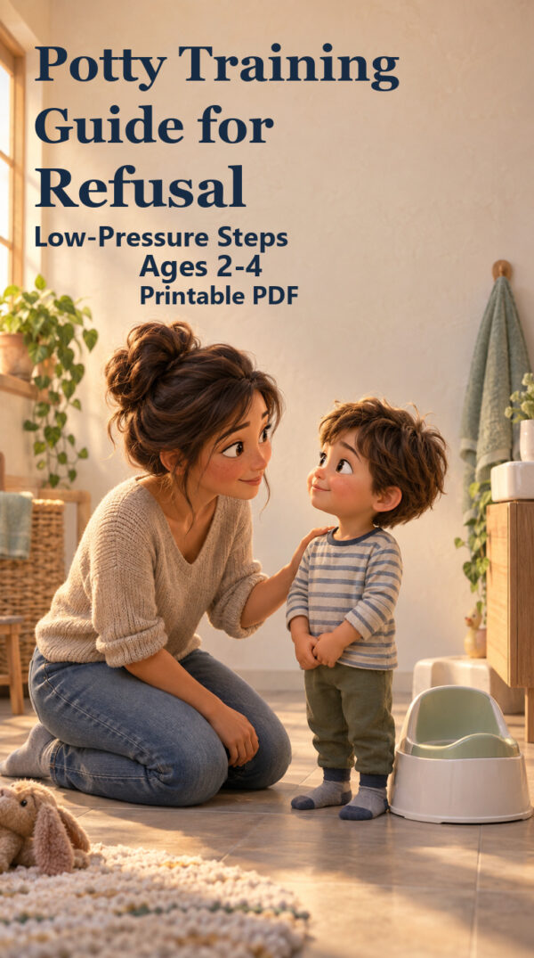 A supportive parent and fully clothed toddler beside a floor potty, with the Potty Training Guide for Refusal title and ages 2-4.