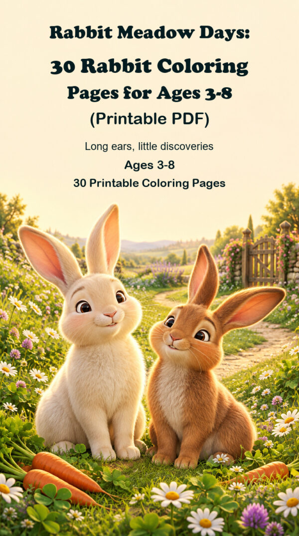 Rabbit Meadow Days printable rabbit coloring pages for ages 3-8, with friendly rabbits and meadow flowers