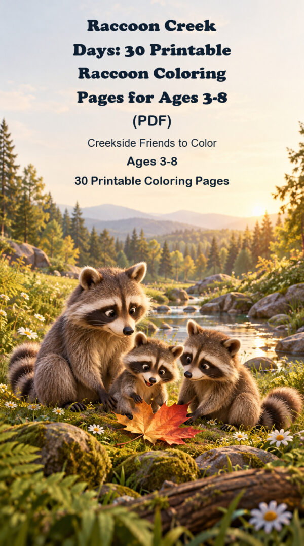 Raccoon Creek Days coloring book cover with three raccoons exploring a maple leaf by a creek