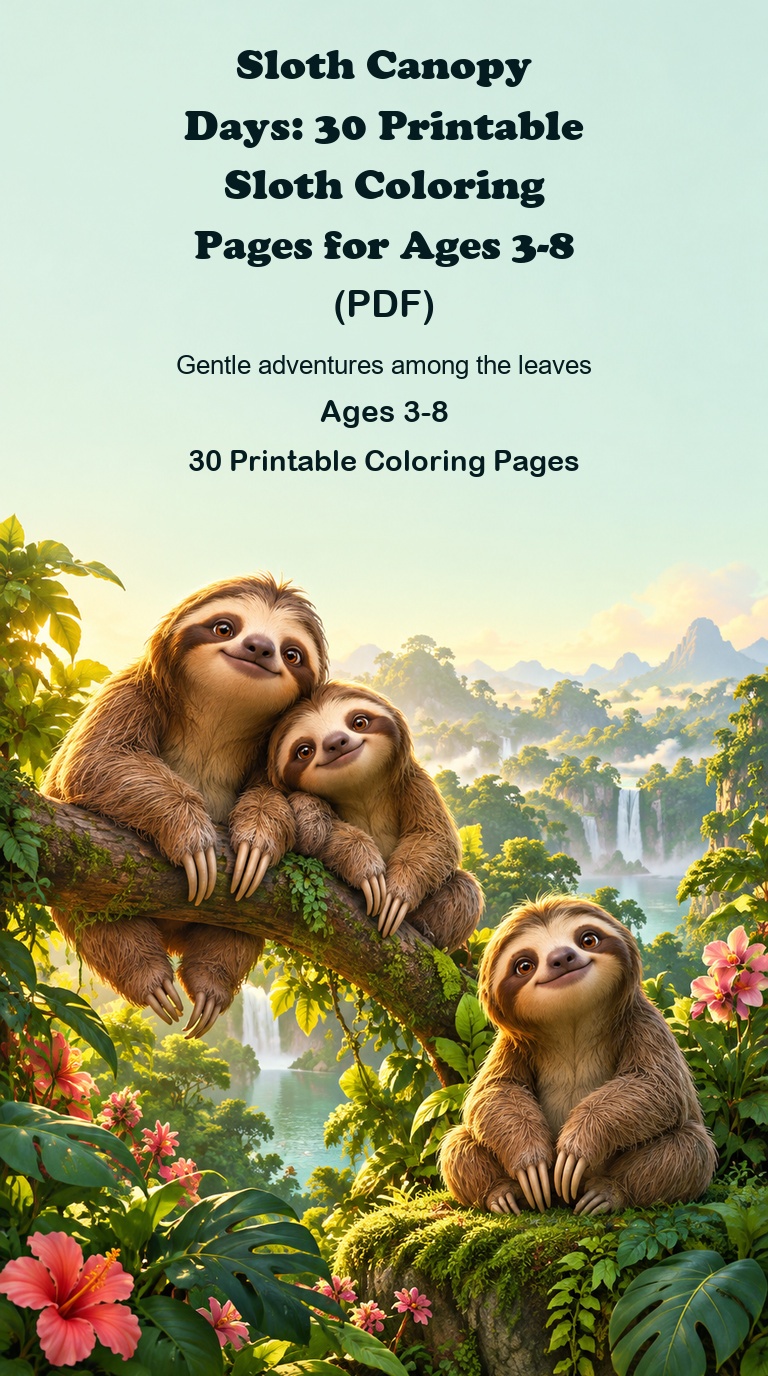 Sloth Canopy Days coloring book cover with three friendly sloths in a leafy canopy garden, for ages 3-8