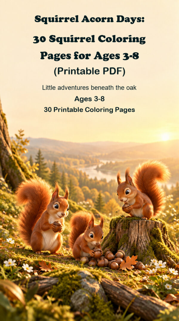 Three friendly red squirrels gathering acorns beneath an oak tree on the Squirrel Acorn Days printable coloring book cover.