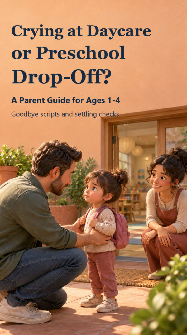 Crying at Daycare or Preschool Drop-Off? Parent guide for ages 1-4, with a parent, child and receiving educator at a preschool doorway.