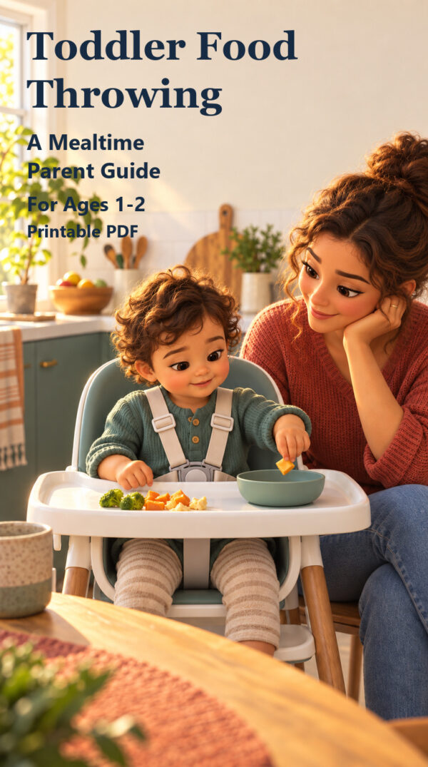 Toddler Food Throwing parent guide for ages 1-2, with a calm caregiver and safely seated toddler at a meal.