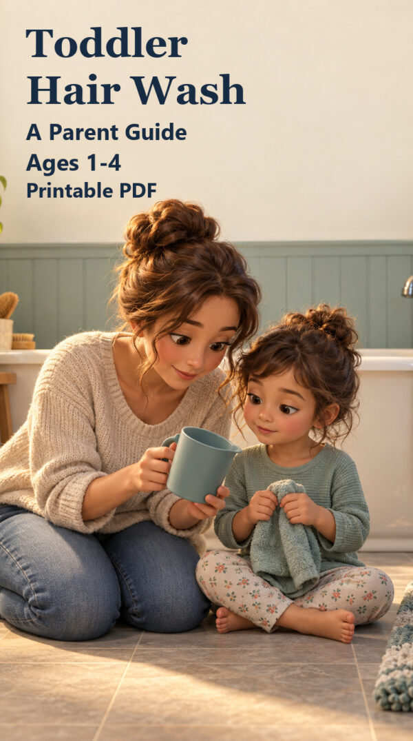 A mother and young child calmly explore an empty rinse cup and cloth while preparing for hair washing.