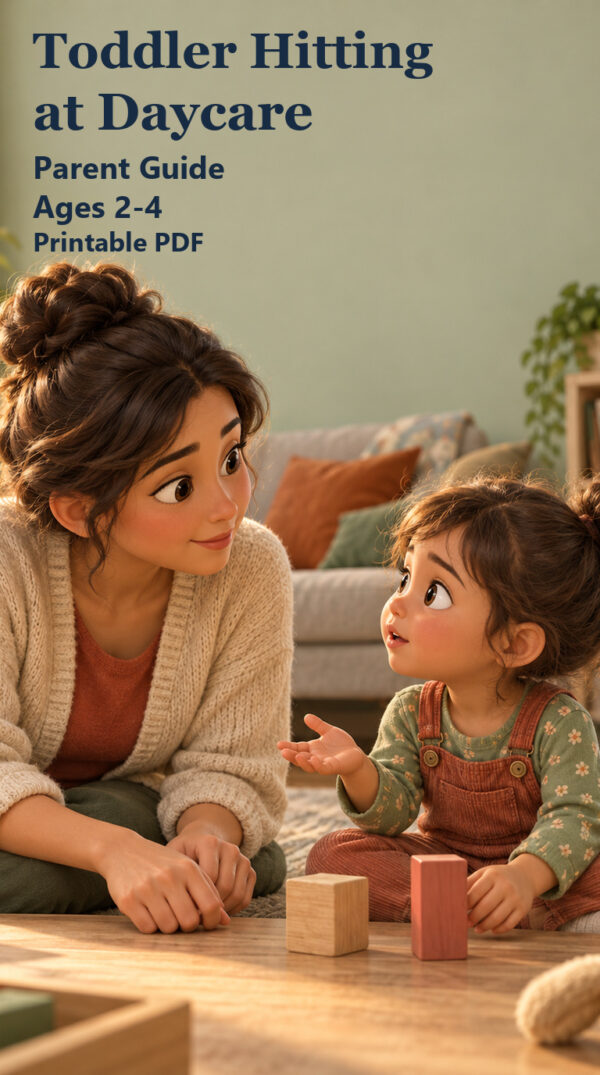 A parent and preschool child practicing asking for help during calm block play at home, on the Toddler Hitting at Daycare parent guide cover.